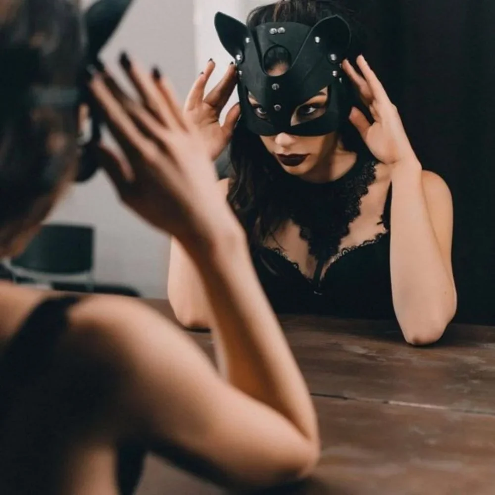 Leather Face Mask Sexy Cat Fox Naughty Fetish Kitty Masquerade Black Cosplay Fun